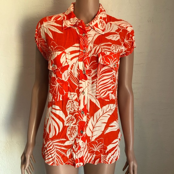 MNG Mango Orange/Cream Oversized Flowy Tropical Printed Shirt Women’s Size 4 Top - Picture 1 of 16